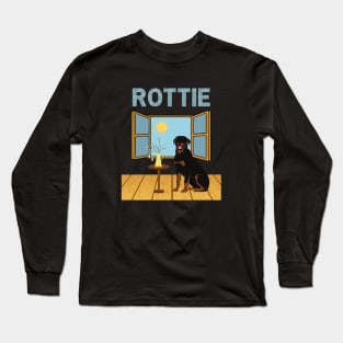 Rottweiler Dog (Rottie) Indoors with Window and Floral Spring Decoration Long Sleeve T-Shirt